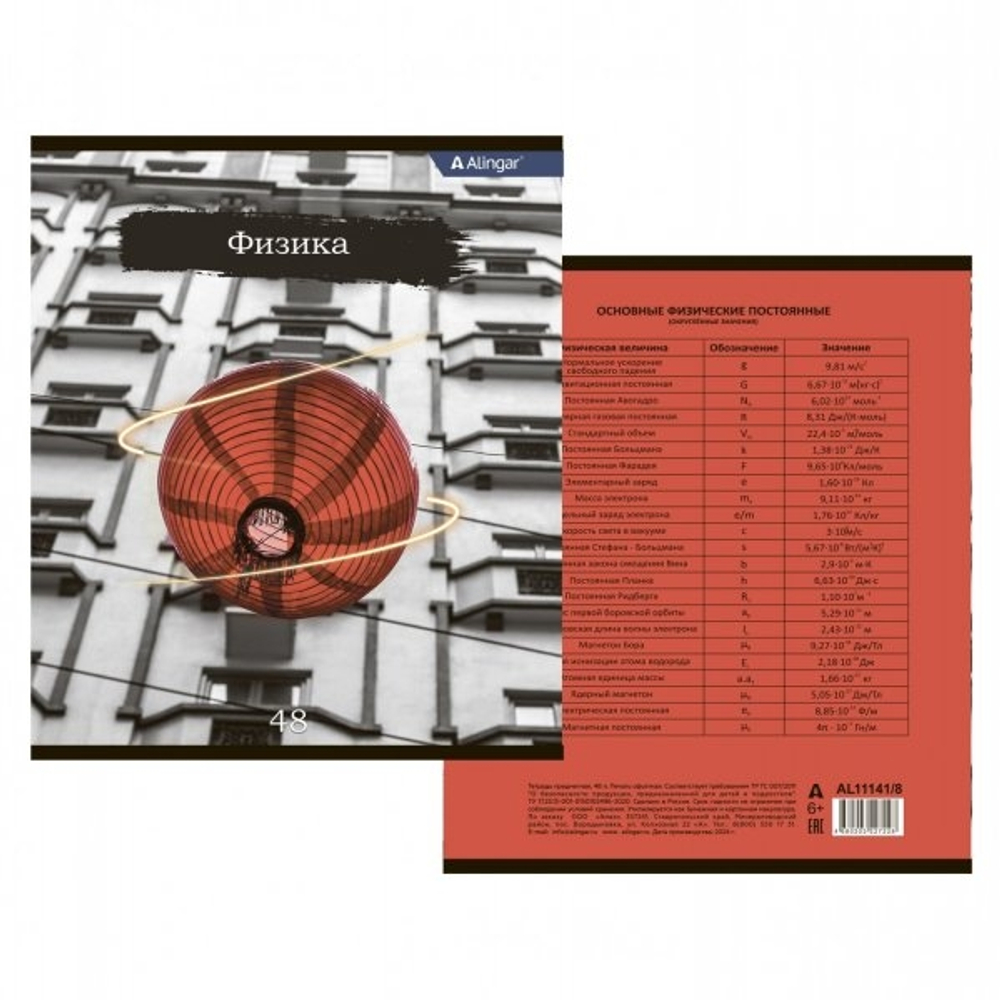 Тетрадь предметная "Физика" А5 48л., клетка, со справочным материалом, скрепка, мелованный картон(стандарт), блок офсет, Alingar "Город контрастов"