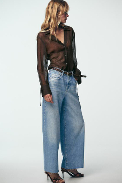 ZARA ДЖИНСЫ Z1975 WIDE LEG CROPPED С ВЫСОКОЙ ПОСАДКОЙ И ПОЯСОМ, ВЫЦВЕТШИЙ СИНИЙ
