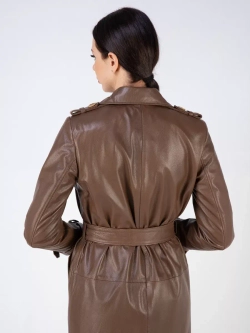 Тренч длинный кожаный с поясом плащ на осень