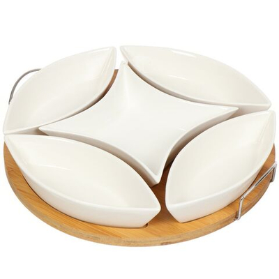 Менажница керам, 28х28х5 см, 5 секц, бамбуковая подст, Y4-3605