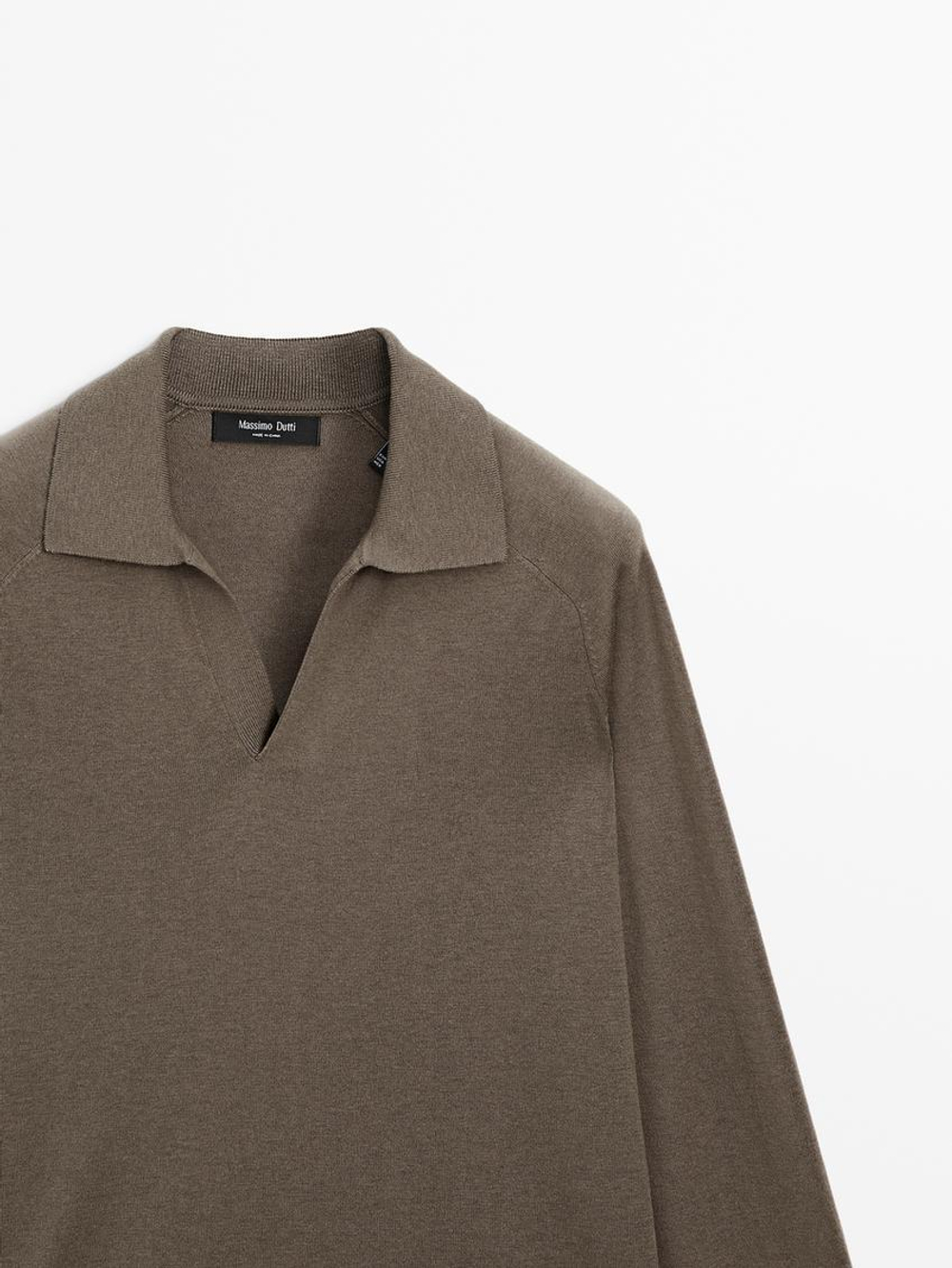 Massimo Dutti Трикотажный свитер из смесовой шерсти с воротником поло, кофейный