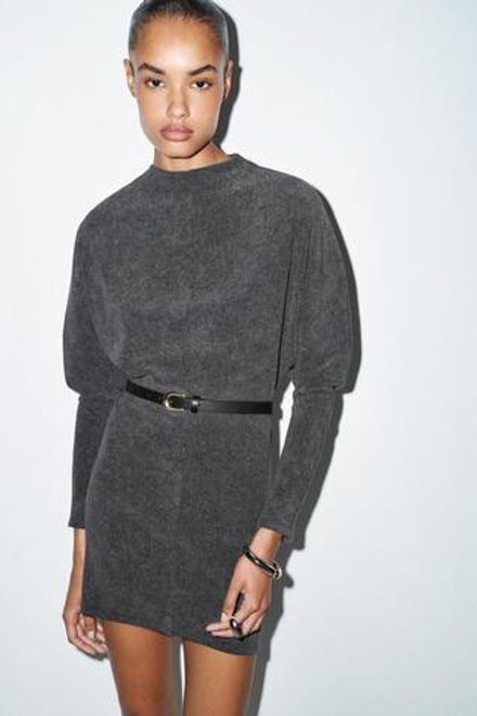 ZARA ПЛАТЬЕ ИЗ МЯГКОЙ ТКАНИ С РЕМНЕМ, АНТРАЦИТОВО-СЕРЫЙ