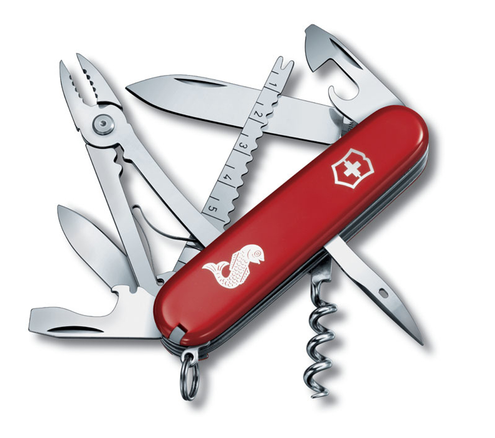Качественный маленький брендовый фирменный швейцарский складной перочинный нож 91 мм красный 19 функций Victorinox Angler VC-1.3653.72