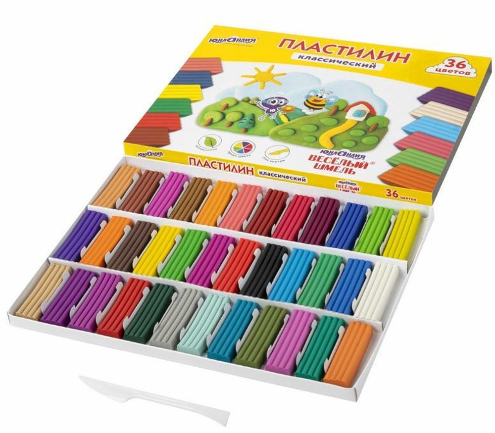 Пластилин классический 36 цветов 720г со стеком "ВЕСЁЛЫЙ ШМЕЛЬ" (ЮНЛАНДИЯ)