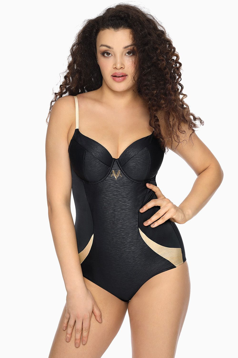 Совместный купальник со вставками из ткани с золотым отливом (Размер: 75E) (Цвет: черный)