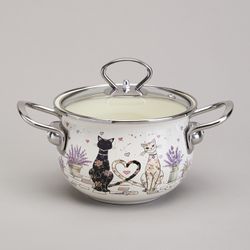 КАСТРЮЛЯ AGNESS ЭМАЛИРОВАННАЯ СО СТЕКЛЯННОЙ КРЫШКОЙ СЕРИЯ "LAVENDER CATS", 1,5 Л ДИА. 16СМ