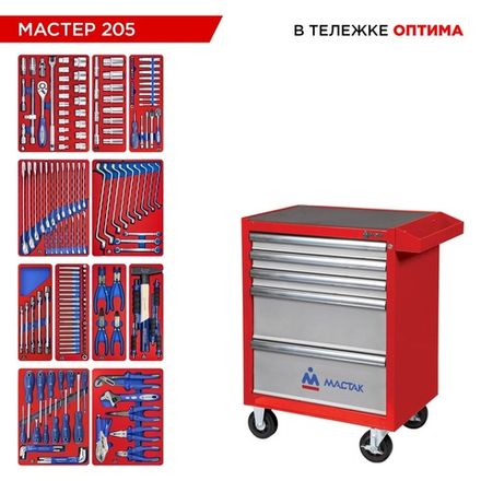 Цена на МАСТАК (52-05205R) Набор инструментов 205 предметов, "МАСТЕР 205", в красной тележке
