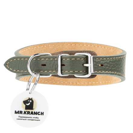 Ошейник-селедка Mr.Kranch для собак из натуральной кожи с QR-адресником 24-30см оливковый
