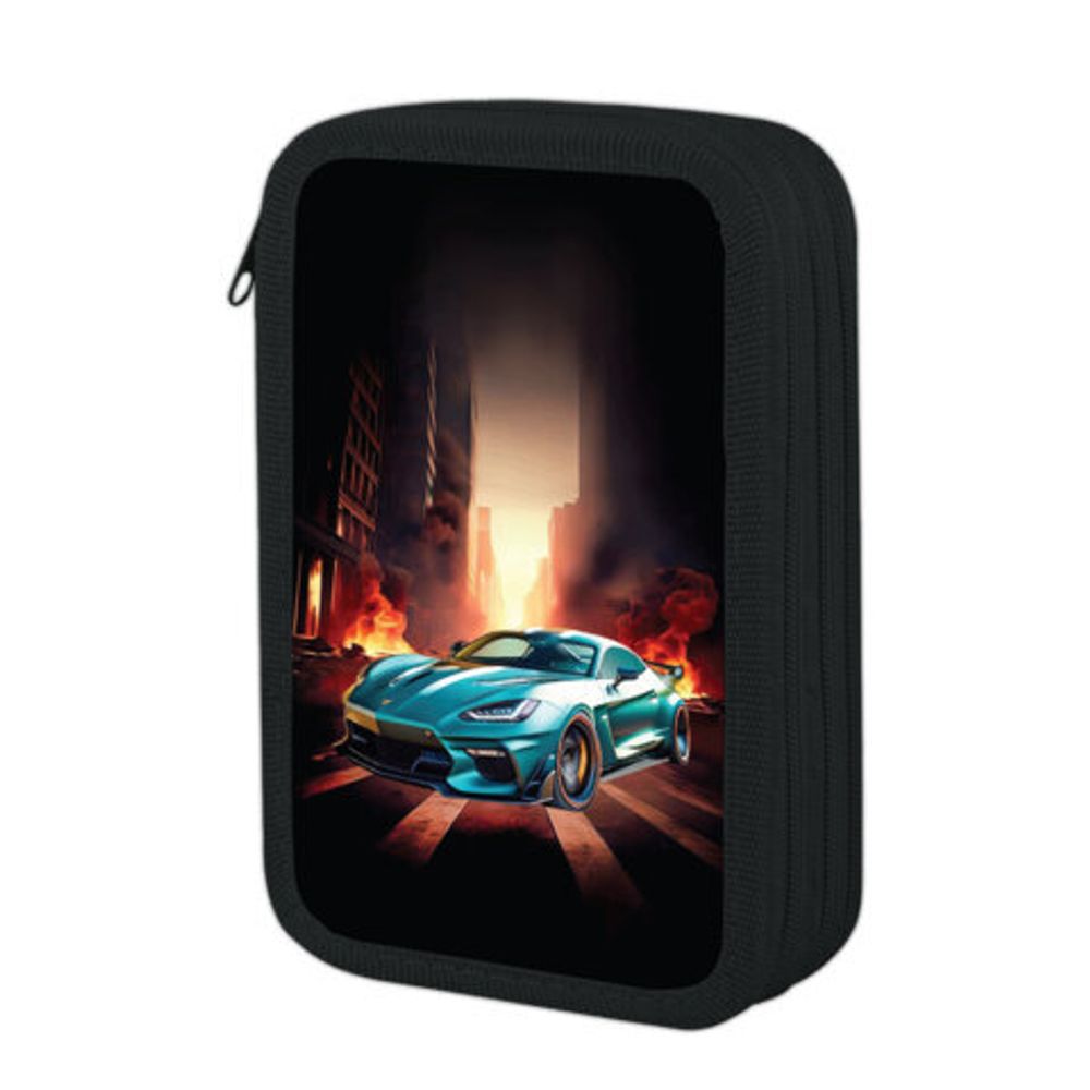 Пенал ЮНЛАНДИЯ, 3 отделения, картон с эффектом soft-touch, 19х11 см, "Fire car", 272267