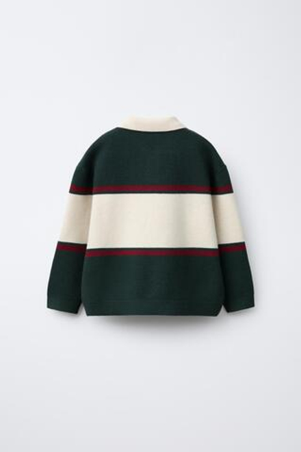 ZARA ТРИКОТАЖНОЕ ПОЛО В ПОЛОСКУ В СТИЛЕ ВАРСИТИ, ЗЕЛЕНЫЙ/ЭКРЮ