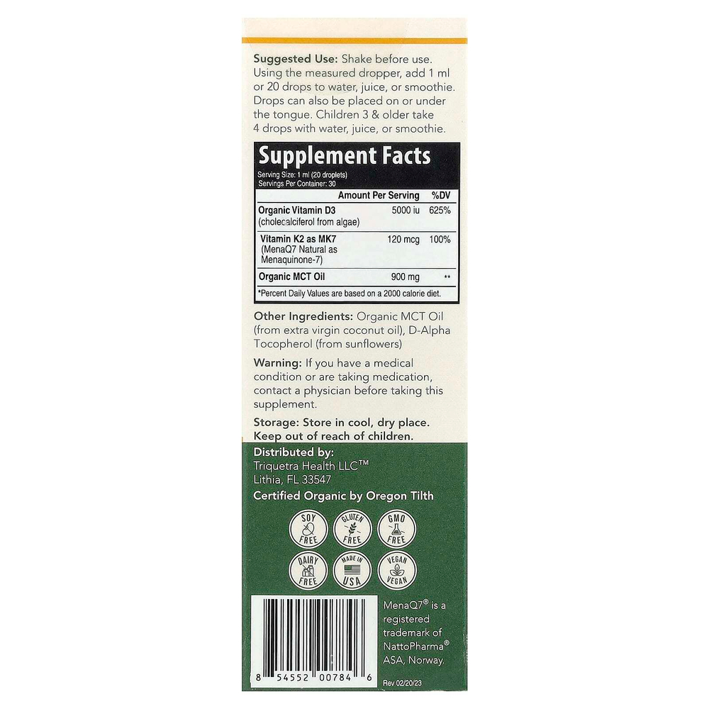 Triquetra Health, Plant-D3®, цельнопищевые витамины D3+ и K2, максимальная сила действия, 30 мл (1 жидк. унция)