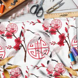 Ткань шифон летящие журавли и цветущая сакура
