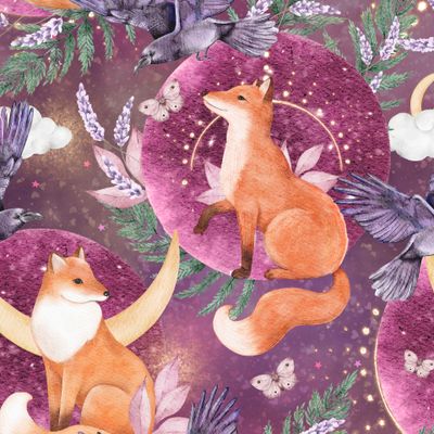 Мистический принт с лисами, воронами, папоротником на фиолетовом