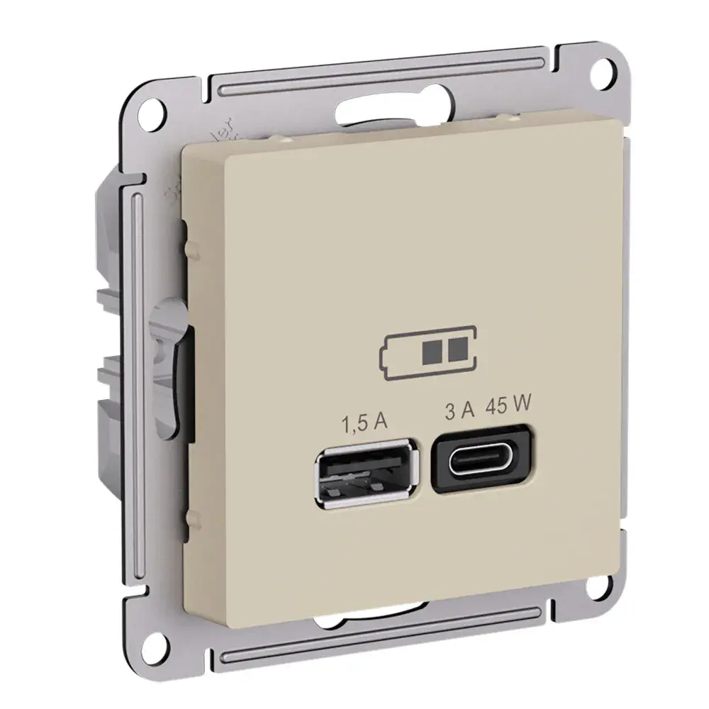 ATLASDESIGN USB РОЗЕТКА A + тип-C 45Вт высокоскор.заряд. QC, PD, механизм, ПЕСОЧНЫЙ
