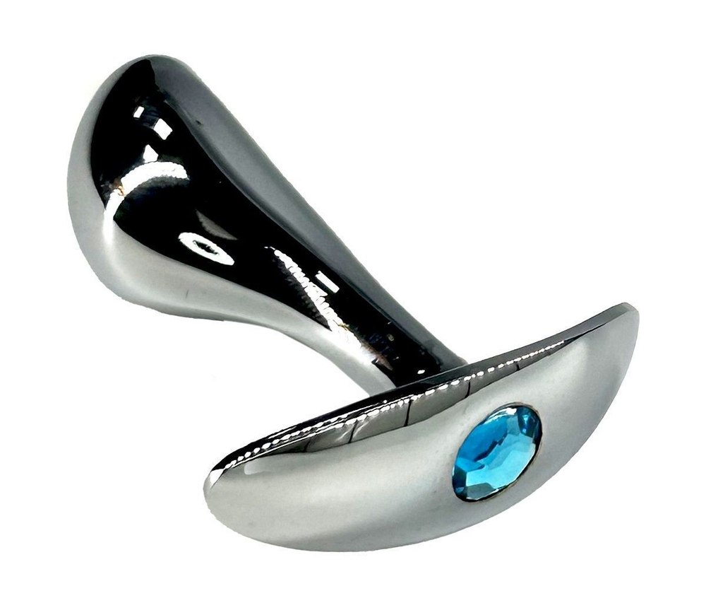 Серебристая изогнутая анальная пробка для ношения c голубым кристаллом - 8 см. (Цвет: голубой)