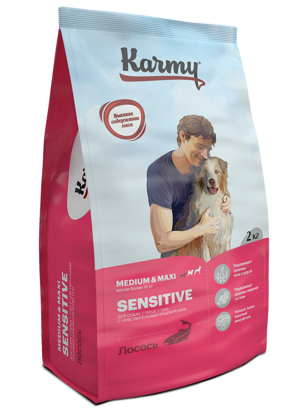 Karmy Medium&Maxi Sensitive Сухой корм для взрослых собак крупных пород с чувствительным пищеварением с Лососем, 2 кг