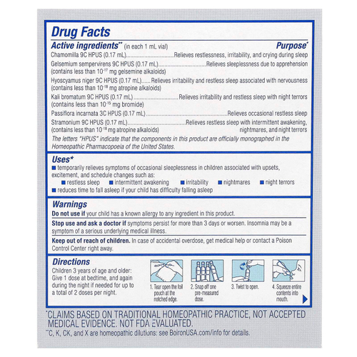 Boiron, SleepCalm ™ Kids, жидкие дозы, для детей от 3 лет, без мелатонина, 15 заранее отмеренных жидких доз, по 1 мл (0,034 жидк. Унции)