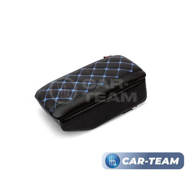 Подлокотник с боксом Renault Logan 2 2014-2022г.в., Sandero 2 2014-2018г.в., Duster 2 с 2015-2021г.в. из экокожи с узором - синий ромбик, (без регулировки сиденья по высоте), "Аламар"