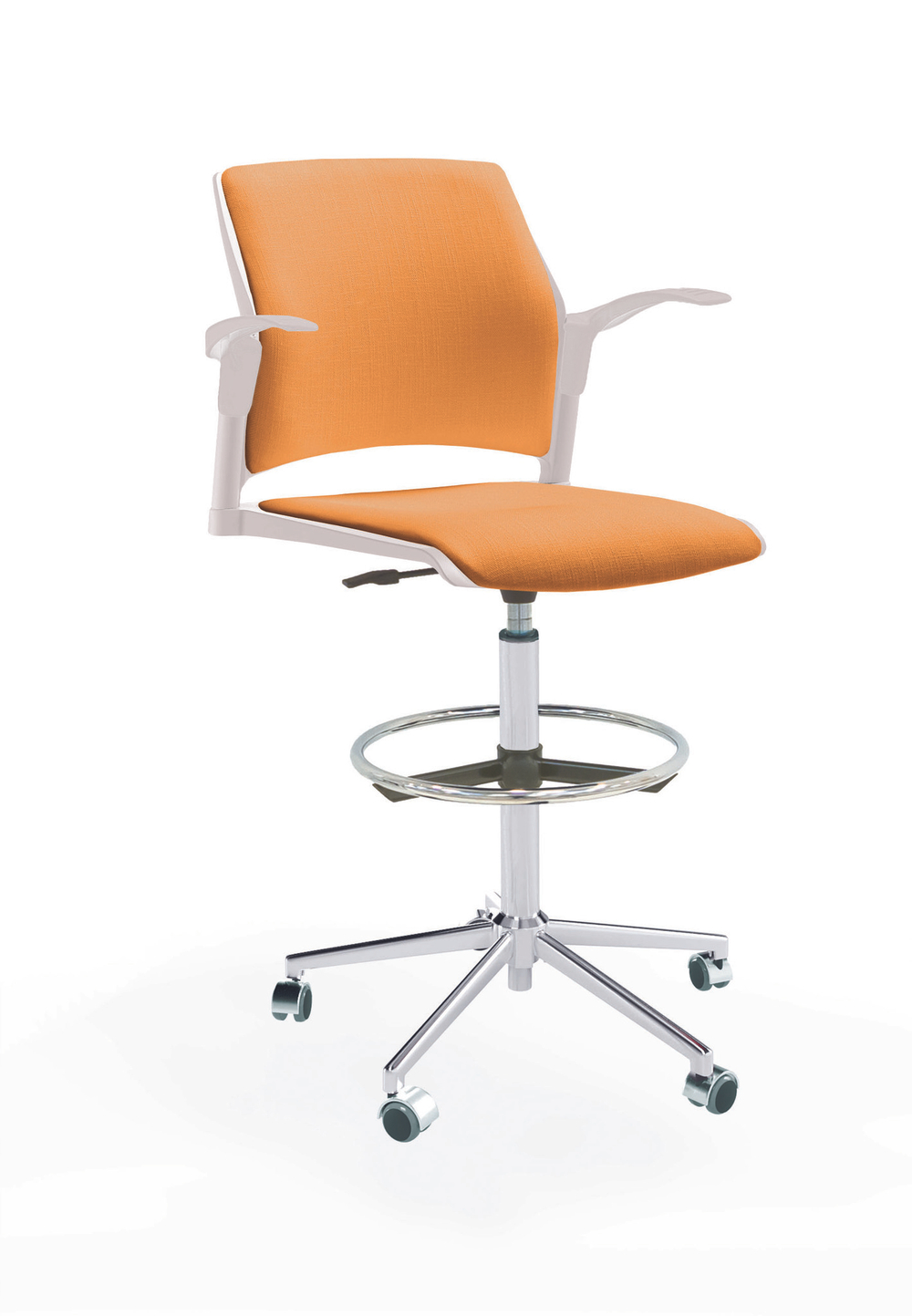 Кресло Rewind каркас хром, пластик белый, база стальная хромированная, с открытыми подлокотниками, сиденье и спинка оранжевые