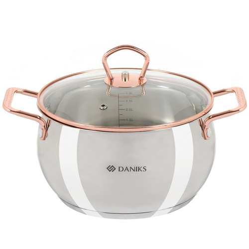 Кастрюля нерж, 3.4 л, крышка стекло, Daniks, Карлин, GS-01332G-20, индукц