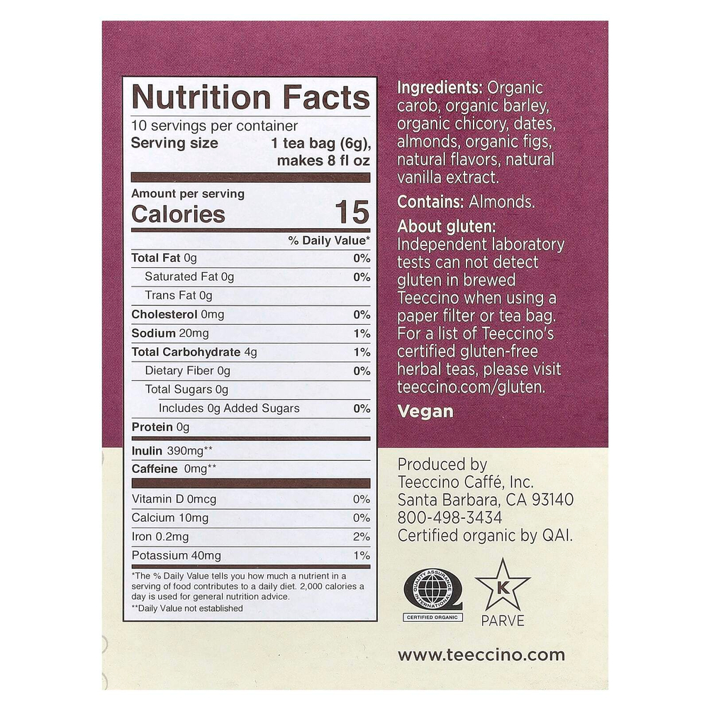 Teeccino, чай из обжаренных трав, ваниль и орех, без кофеина, 10 чайных пакетиков, 60 г (2,12 унции)