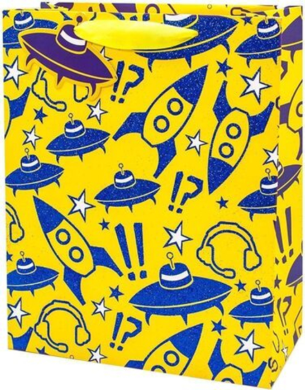 Пакет подарочный, Космическая одиссея, Желтый, с блестками, 23*18*10 см, 1 шт.