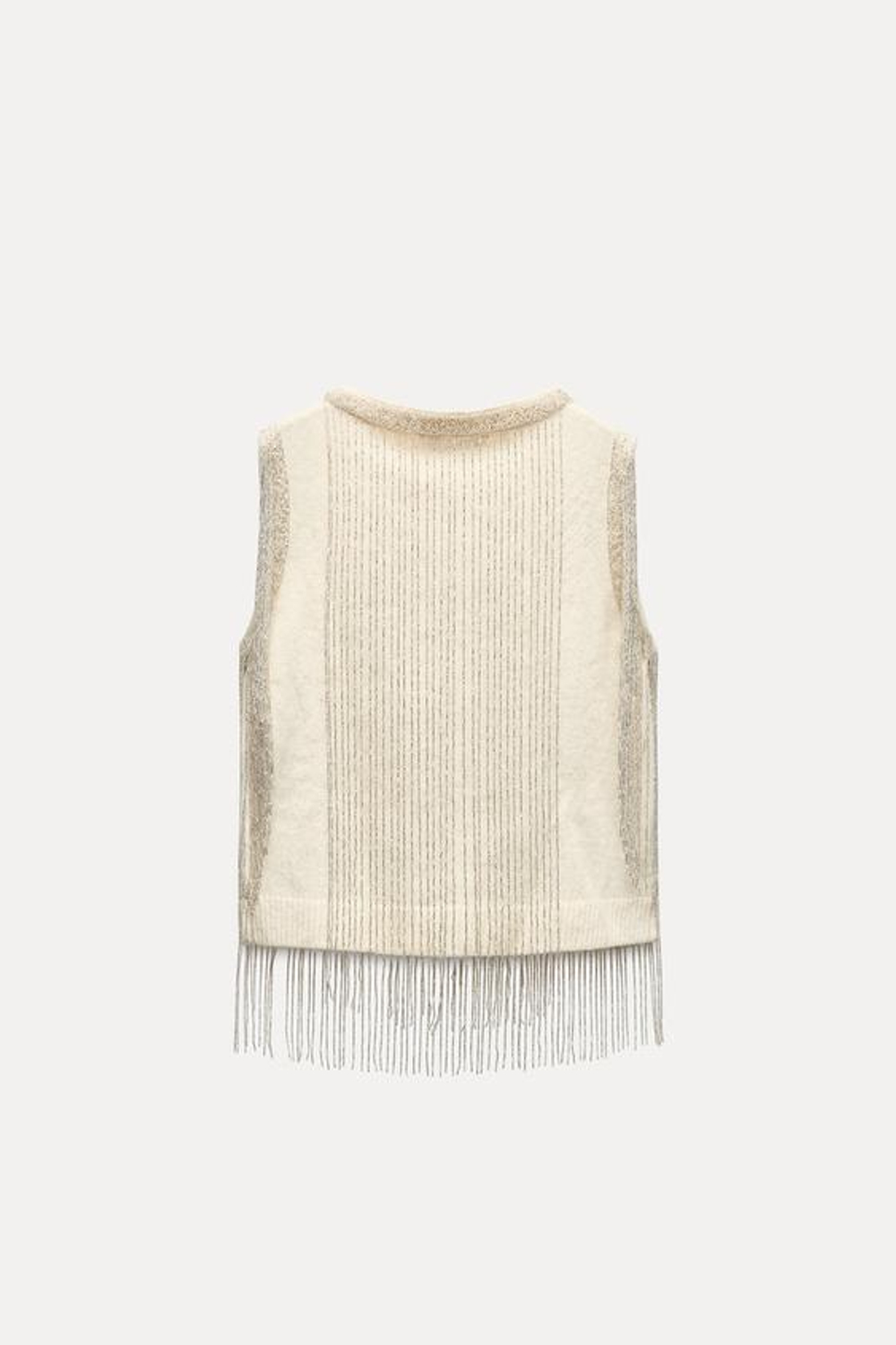 ZARA ТРИКОТАЖНЫЙ ЖИЛЕТ С БАХРОМОЙ И БУСИНАМИ, ЭКРЮ