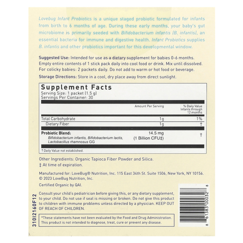 LoveBug Probiotics, пробиотики для младенцев в возрасте 0–6 месяцев, 1 млрд КОЕ, 30 порций в индивидуальной упаковке, по 1,5 г (0,05 унции)