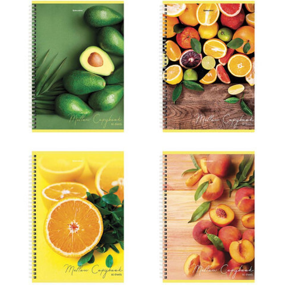 Тетрадь А4, 80 л., BRAUBERG, гребень, клетка, обложка картон, "Фрукты", 404051, 4шт