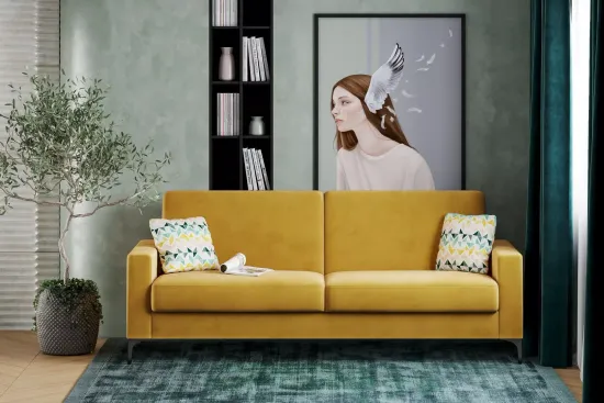 Диван-кровать Модель 047, Ультра мустард, Геометрия 69, велюр, прямой, книжка, венге