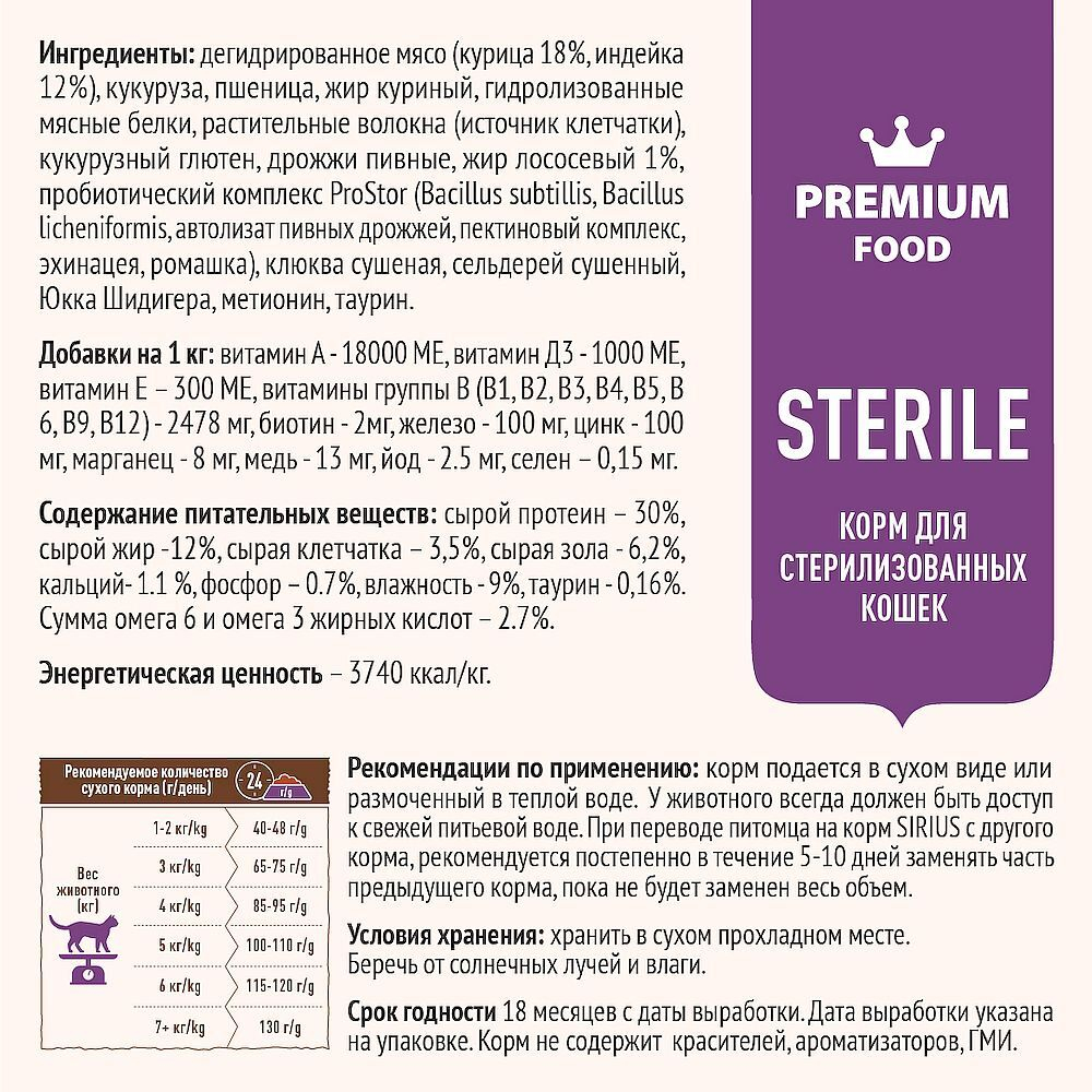 Полнорационный сухой корм SIRIUS PREMIUM для стерилизованных кошек с индейкой и курицей, Пакет 10 кг