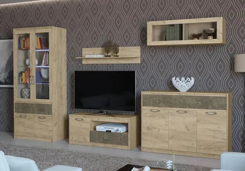 Стеллаж Дакота №2 серый крафт/тиз серый + полки (стекло)