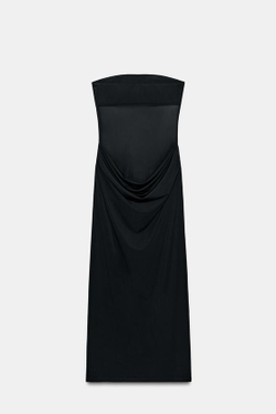 ZARA КОМБИНИРОВАННОЕ ПЛАТЬЕ МИДИ СО СБОРКАМИ, ЧЕРНЫЙ