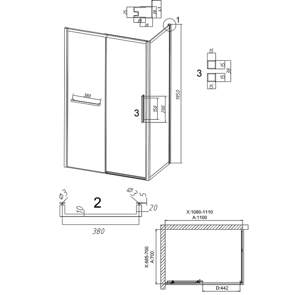 Душевой уголок Grossman Style 110х70 120.K33.05.1170.21.00 профиль Черный матовый стекло прозрачное