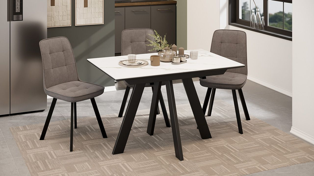 Стол кухонный обеденный раздвижной Черный муар/Керамика матовая белый мрамор 120(160)х80х76 см