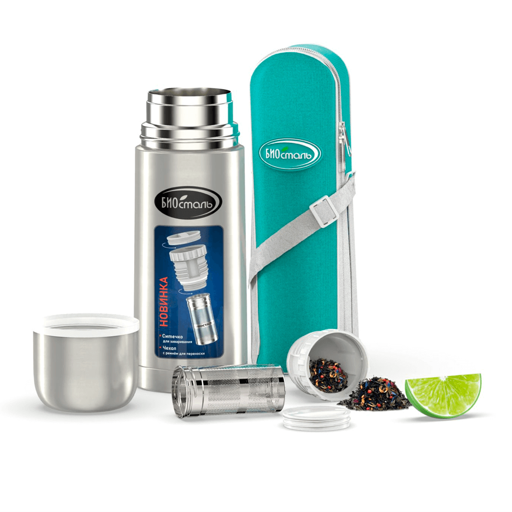 Термос Biostal (0,35 литра), с ситечком и чехлом, стальной