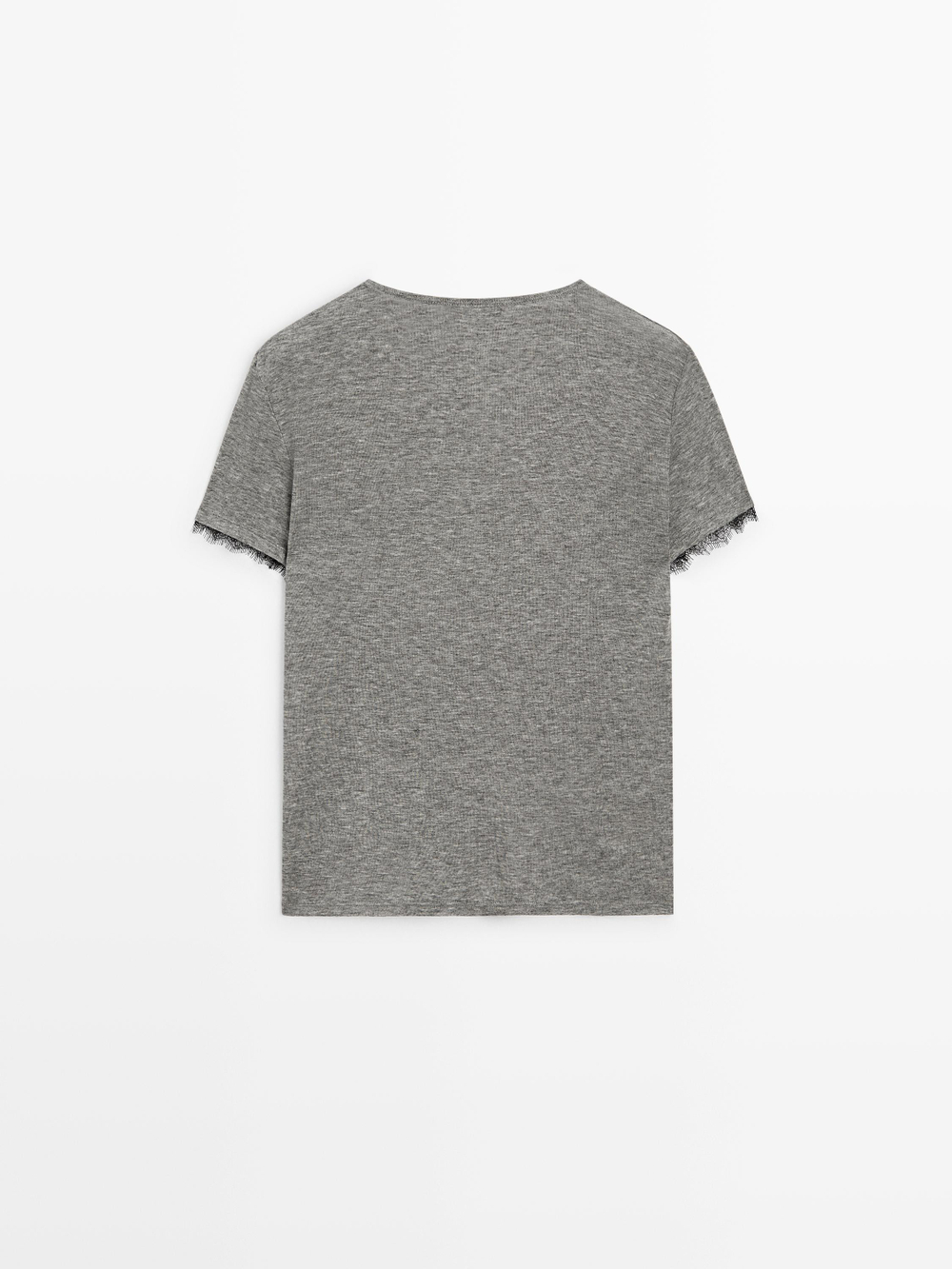 Massimo Dutti Футболка с V-образным вырезом и кружевной отделкой, серый меланж