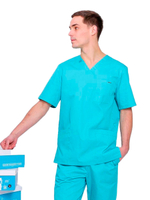 Блуза медицинская мужская Доктор стиль Хирург с V-образным вырезом, бирюзовый, 46