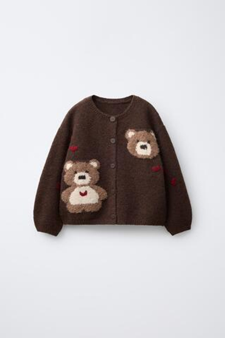 ZARA ВЯЗАНЫЙ КАРДИГАН С МИШКАМИ И СЕРДЕЧКАМИ, ШОКОЛАДНЫЙ