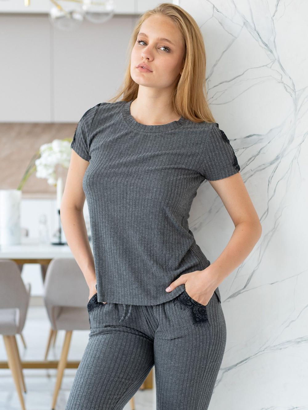 Женский домашний комплект с кружевным декором (Размер: M) (Цвет: серый)