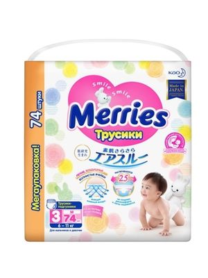 MERRIES Трусики-подгузники для детей размер M 6-11 кг 74 шт