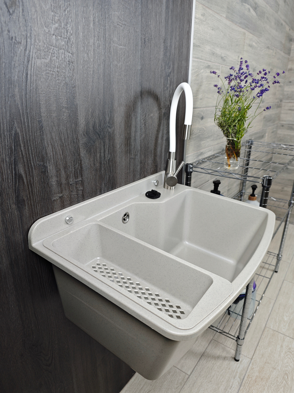 Пластиковая техническая раковина c каплесборником MAXIMUS GREY PLUS