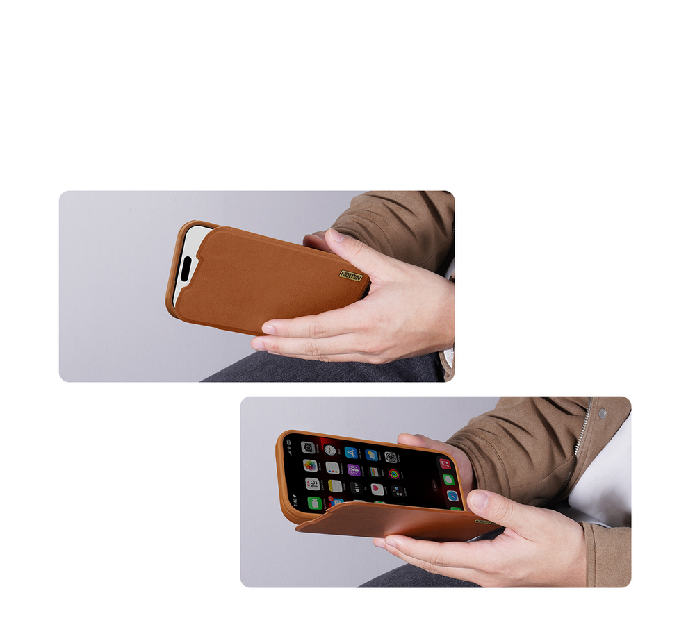 Кожаный чехол книжка коричневого цвета для iPhone 17 Pro, серия Qin Pro Leather от Nillkin