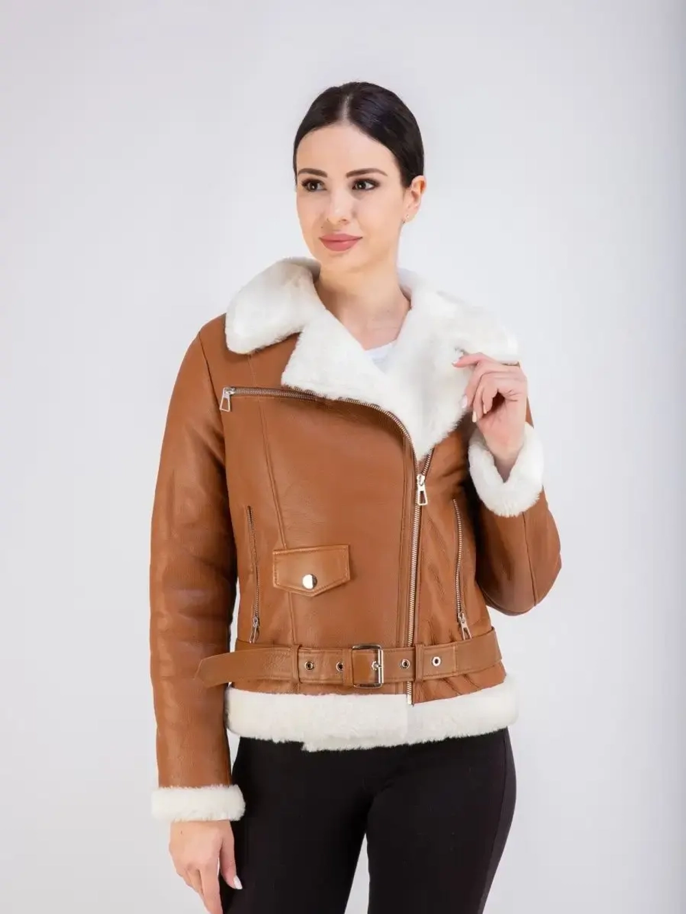 Дубленка зимняя натуральная короткая авиатор Турция