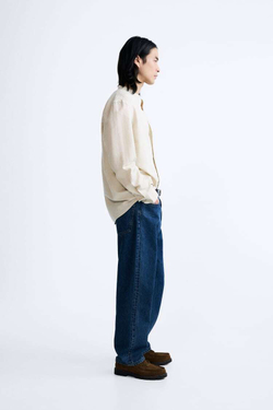 ZARA РУБАШКА ИЗ ХЛОПКА И ЛЬНА, СВЕТЛО-БЕЖЕВЫЙ