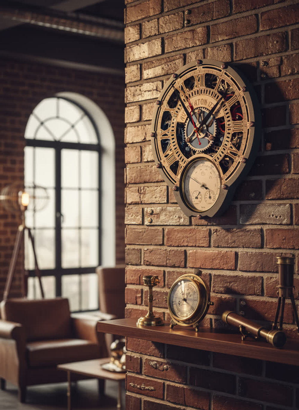 Часы WOODandROOT Automaton 1722 на кирпичной стене — открытый механизм, латунные детали и барометр внизу корпуса в индустриальном дизайне
