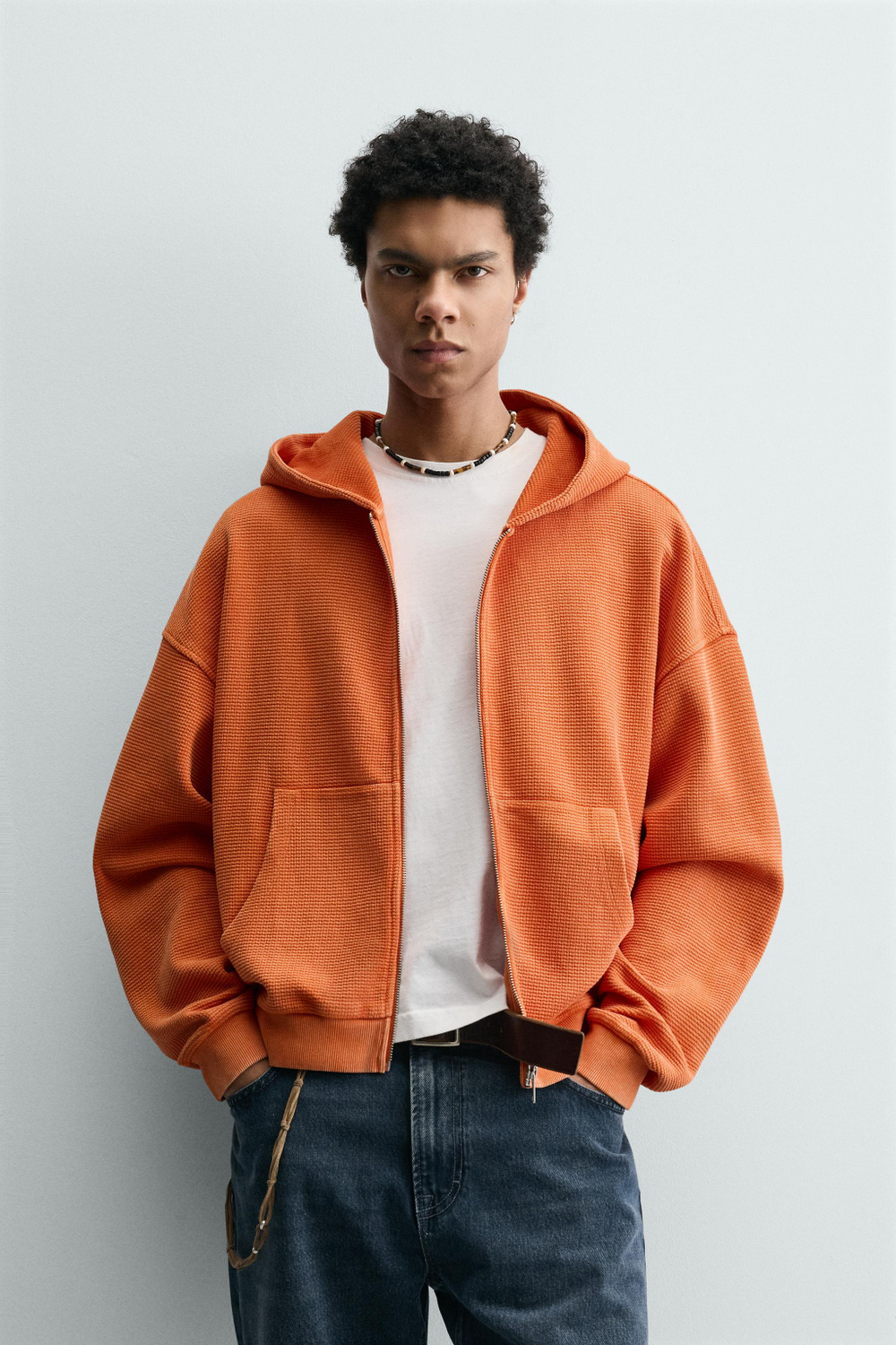 ZARA ХУДИ ИЗ ВАФЕЛЬНОЙ ТКАНИ С ЭФФЕКТОМ ПОТЕРТОСТИ, ОРАНЖЕВЫЙ МЕЛАНЖ