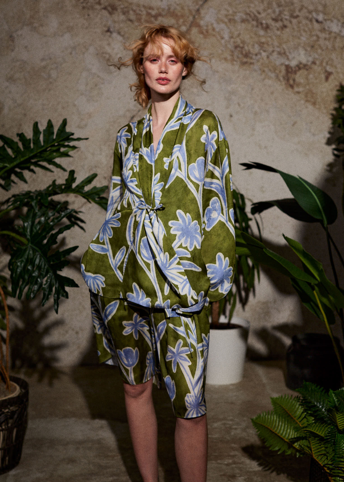 Рубашка на завязках из вискозы цветы зеленый