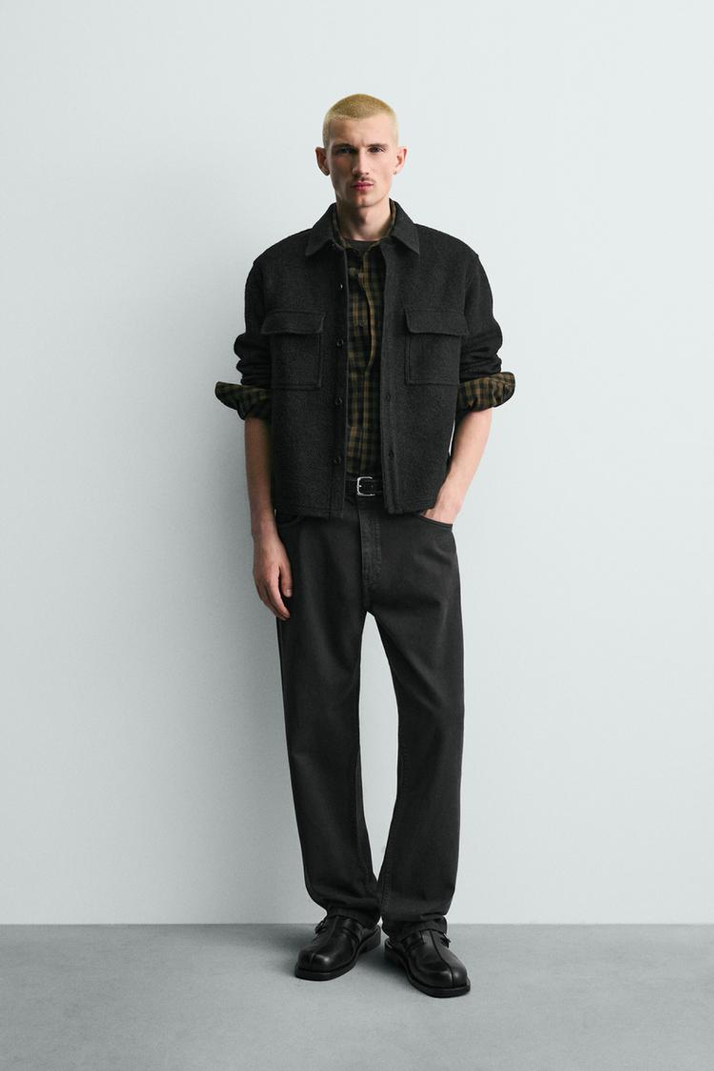 ZARA КУРТКА-РУБАШКА ИЗ РЕЛЬЕФНОЙ ТКАНИ С ШЕРСТЬЮ, ЧЕРНЫЙ