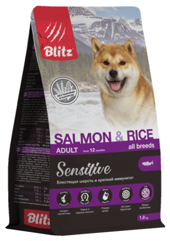 Сухой корм для взрослых собак всех пород Blitz Sensitive Salmon & Rice Adult Dog All Breeds лосось и рис, 1,8 кг